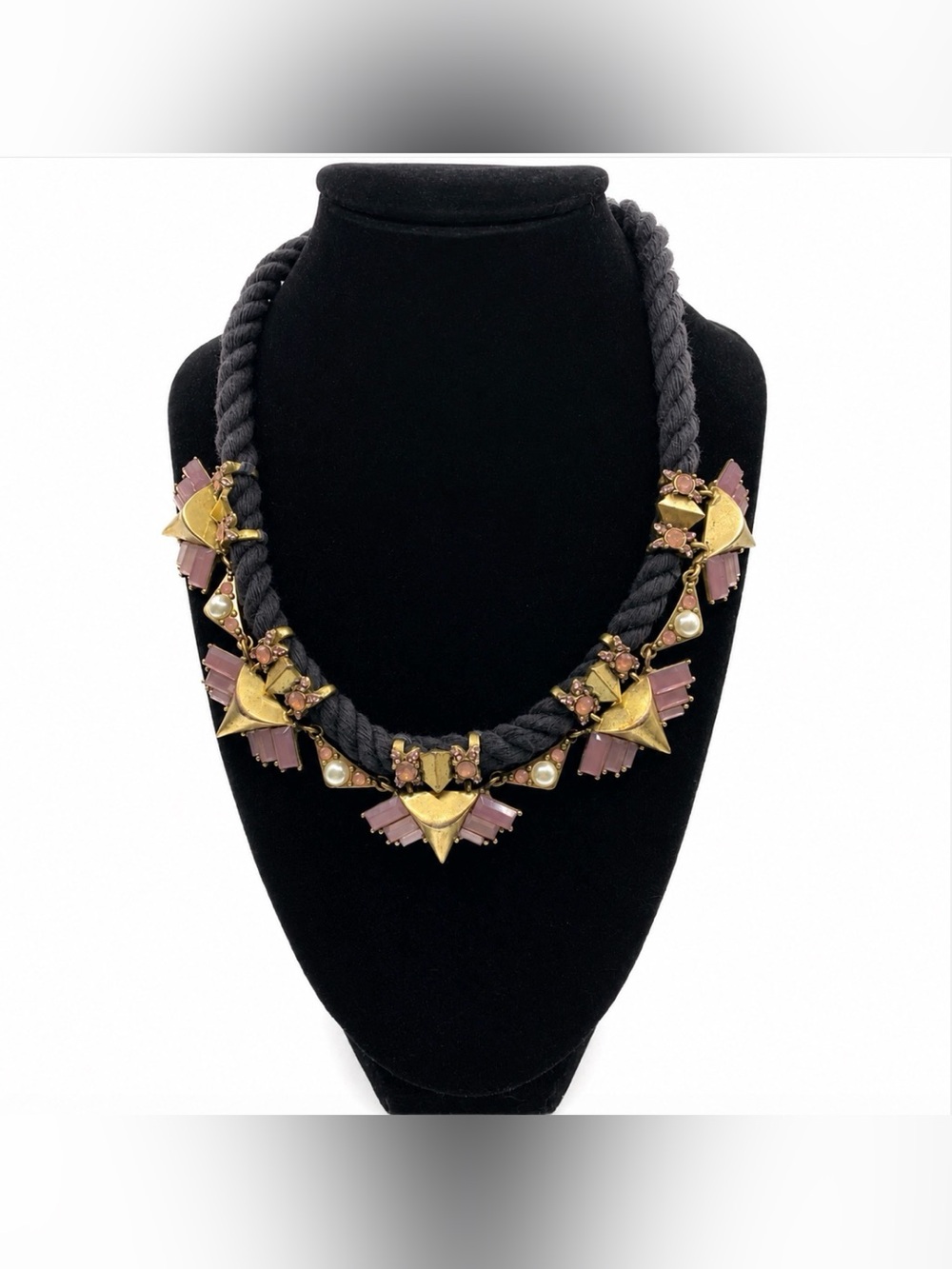 J Crew Black Cord Matte Gold Tone Pink Rhinestone Necklace
